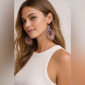 Blush Pink Polka Dot Real Feather Drop Earrings – Boho Statement Style